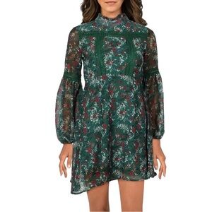Free Generation Green Floral Long Sleeve Lined Mini Dress - Size M
